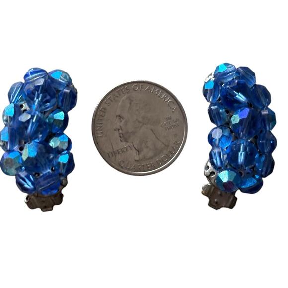 Blue Glass AB Crystal Wired Bead Clip On Climber Earrings Vintage Mid Century - Picture 4 of 5